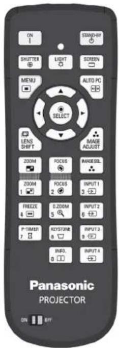 ON 1 SHUTTER LIGHT SCREEN MENU AUTO PC SELECT LENS SHIFT IMAGE ADJUST ZOOM FOCUS MAKE SEO ZOOM FOCUS INPUT 1 1 2 3 FREEZE 0.200M INPUT 2 4 5 6 P-TIMER RESTONE INPUT 3 7 8 9 INFO. INPUT 4 Panasonic PROJECTOR ON OFF