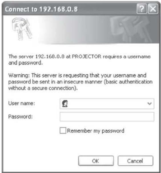 Connect to 192.168.0.8 The server 192.168.0.8 at PROJECTOR requires a username and password. Warning: This server is requesting that your username and password be sent in an insecure manner (basic authentication without a secure connection). User name: Password: Remember my password OK Cancel