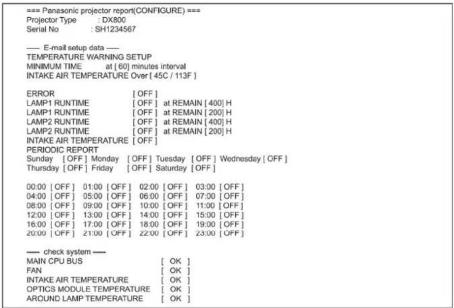 === Panasonic projector report(CONFIGURE) === Projector Type : DX800 Serial No : SH1234567 —— E-mail setup data — TEMPERATURE WARNING SETUP MINIMUM TIME at [ 60] minutes interval INTAKE AIR TEMPERATURE Over [ 45C / 113F ] ERROR [ OFF ] LAMP1 RUNTIME [ OFF ] at REMAIN [ 400] H LAMP1 RUNTIME [ OFF ] at REMAIN [ 200] H LAMP2 RUNTIME [ OFF ] at REMAIN [ 400] H LAMP2 RUNTIME [ OFF ] at REMAIN [ 200] H INTAKE AIR TEMPERATURE [ OFF ] PERIODIC REPORT Sunday [ OFF ] Monday [ OFF ] Tuesday [ OFF ] Wednesday [ OFF ] Thursday [ OFF ] Friday [ OFF ] Saturday [ OFF ] 00:00 [ OFF ] 01:00 [ OFF ] 02:00 [ OFF ] 03:00 [ OFF ] 04:00 [ OFF ] 05:00 [ OFF ] 06:00 [ OFF ] 07:00 [ OFF ] 08:00 [ OFF ] 09:00 [ OFF ] 10:00 [ OFF ] 11:00 [ OFF ] 12:00 [ OFF ] 13:00 [ OFF ] 14:00 [ OFF ] 15:00 [ OFF ] 16:00 [ OFF ] 17:00 [ OFF ] 18:00 [ OFF ] 19:00 [ OFF ] 20:00 [ OFF ] 21:00 [ OFF ] 22:00 [ OFF ] 23:00 [ OFF ] —— check system — MAIN CPU BUS [ OK ] FAN [ OK ] INTAKE AIR TEMPERATURE [ OK ] OPTICS MODULE TEMPERATURE [ OK ] AROUND LAMP TEMPERATURE [ OK ]