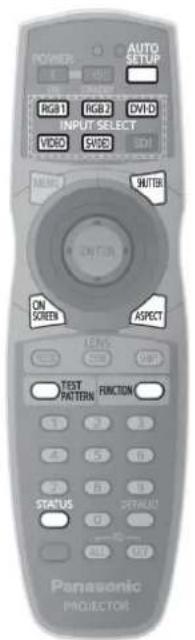POWER AUTO SETUP RGB1 RGB2 DVD INPUT SELECT VIDEO CHOS SDI MAIN WAITER ON TICK ON SCREEN ASPECT LENS: TEST PATTERN FUNCTION STATUS DEFAULT Panasonic PROJEETOR