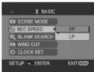 BASIC 50N SCENE MODE REC SPEED SP BLANK SEARCH LP WIND CUT CLOCK SET SETUP ENTER EXIT HUND