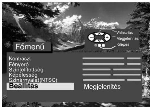 Főmenű Kontraszt Fényerő Színtelítettség Képélesség Színárnyalat(NTSC) Beállítás Választás Megjelenítés Kilépés Megjelenítés