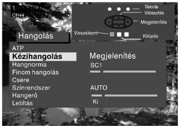1 CH44 Hangolás ATP Kézihangolás Hangnorma Finom hangolás Csere Színrendszer Hangerő Letiltás Visszalépní Tárolás Választás Megjelenítés Kilópés Megjelenítés SC1 AUTO Ki