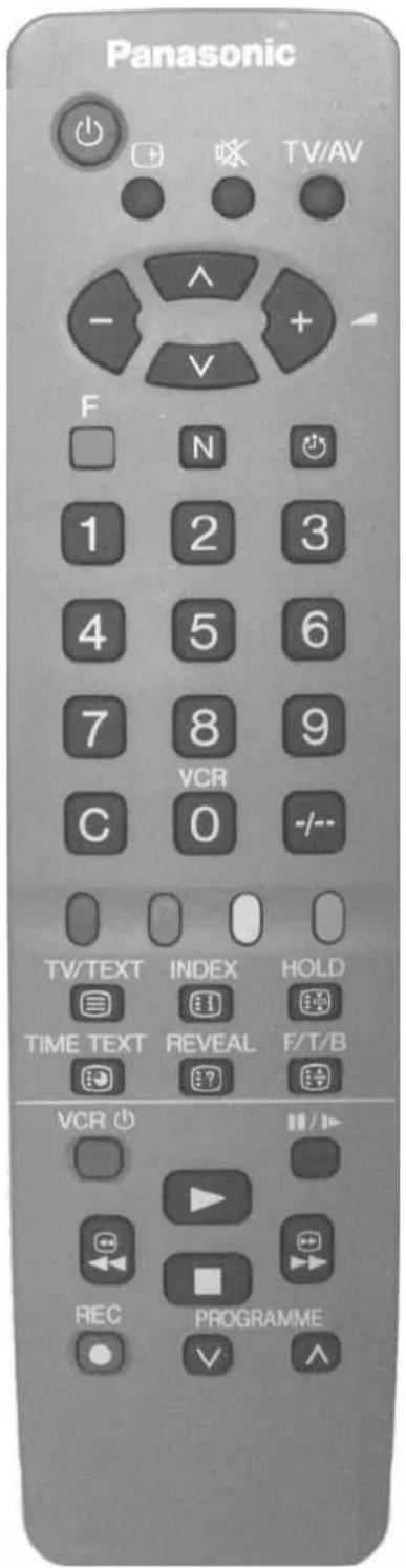 Panasonic + + TV/AV - + F N 1 2 3 4 5 6 7 8 9 VCR C 0 -/-- TV/TEXT INDEX HOLD TIME TEXT REVEAL F/T/B VCR REC PROGRAMME