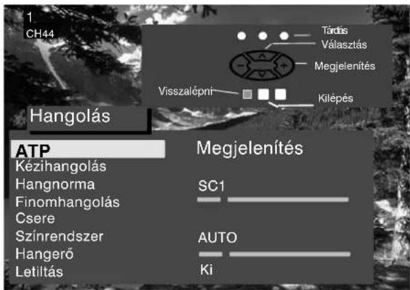 1 CH44 Tárdás Választás Megjelenítés Visszalópni Kilépés Hangolás ATP Kézihangolás Hangnorma Finomhangolás Cseré Színrendszer Hangerő Letiltás Megjelenítés SC1 AUTO Ki