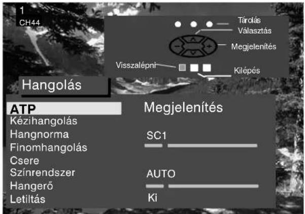 1 CH44 Tárolás Választás Megjelenítés Visszalépni Kilópés Hangolás ATP Kézihangolás Hangnorma Finomhangolás Csere Színrendszer Hangerő Letiltás Megjelenítés SC1 AUTO Ki