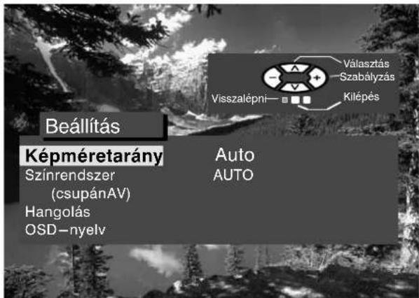 Beállítás Képméretarány Színrendszer (csupánAV) Hangolás OSD—nyelv Auto AUTO Választás Szabályzás Visszalépni— Kilépés