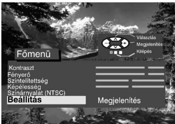 Főmenü Kontraszt Fényerő Színtelítettség Képélesség Színárnyalat (NTSC) Beállítás Választás Megjelenítés Kilépés Megjelenítés
