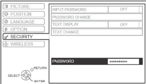 PICTURE POSITION LANGUAGE OPTION SECURITY WIRELESS SELECT RETURN ENTER INPUT PASSWORD OFF PASSWORD CHANGE TEXT DISPLAY OFF TEXT CHANGE PASSWORD **********