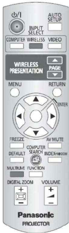 OUTPUT SETUP INPUT SELECT COMPUTER WIRELESS VIDEO WIRELESS PRESENTATION PAGE MENU RETURN ENTER FREEZE AV MUTE DEFAULT COMPUTER SEARCH INDEX-WINDOW MULTIFIVE FUNCTION DIGITAL ZOOM VOLUME Panasonic PROJECTOR