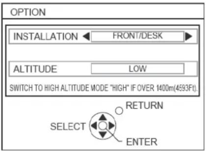 OPTION INSTALLATION ← FRONT/DESK ALTITUDE LOW SWITCH TO HIGH ALTITUDE MODE "HIGH" IF OVER 1400m(4593Ft) RETURN SELECT ENTER