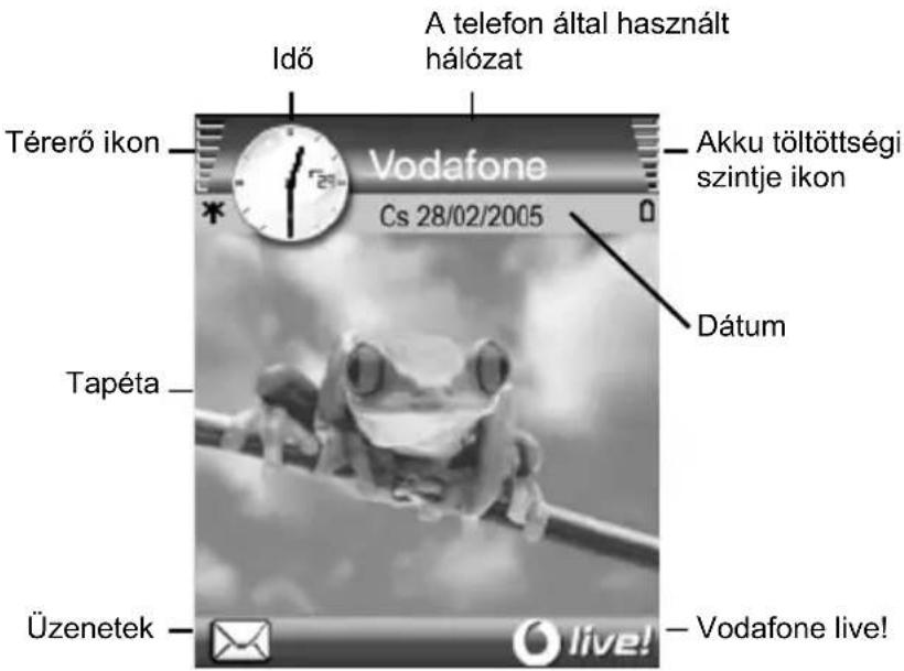 Idő A telefon által használt hálózat Térerő ikon Vodafone Cs 28/02/2005 Akku töltöttségi szintje ikon Dátum Tapéta Üzenetek live! Vodafone live!