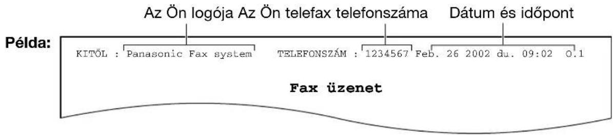 Példa: Az Ön logója Az Ön telefax telefonszáma Dátum és időpont KITÓL : Panasonic Fax system TELEFONSZÁM : 1234567 Feb. 26 2002 du. 09:02 O.1 Fax üzenet