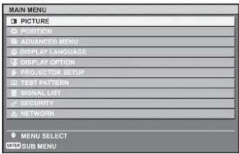 MAIN MENU PICTURE POSITION ADVANCED MENU DISPLAY LANGUAGE DISPLAY OPTION PROJECTOR SETUP TEST PATTERN SIGNAL LIST SECURITY NETWORK MENU SELECT ENTER SUB MENU