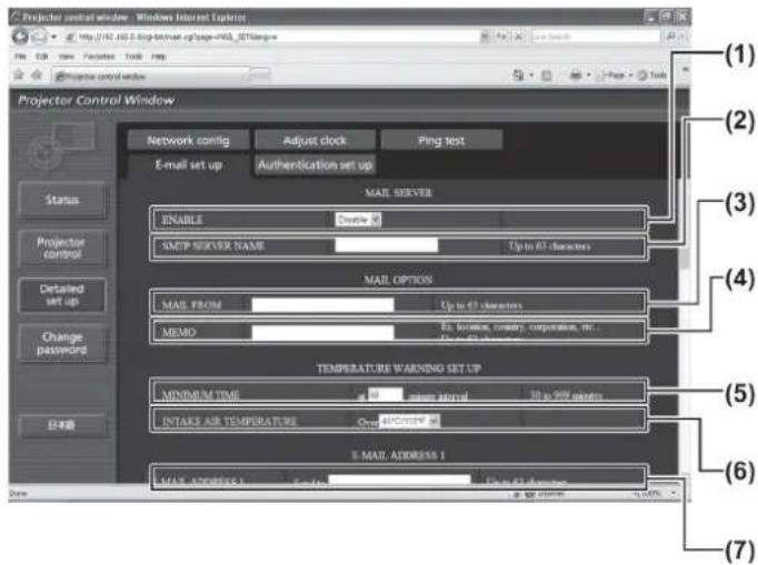 Projector control window - Windows Internet Explorer File Edit View Favorites Tools Help Projector control window Projector Control Window Network config Adjust clock Ping text E-mail set up Authentication set up Status Projector control Detailed set up Change password 日志窗 MAIL SERVER ENABLE Continue SMTP SERVER NAME Up to 61 characters MAIL OPTION MAIL FROM Up to 61 characters MEMO By: business, company, corporation, the... TEMPERATURE WARNING SET UP MINIMUM TIME Return period 30 to 998 minutes INTAINS AIR TEMPERATURE Over 4000 MHz E-MAIL ADDRESS 1 Date (1) (2) (3) (4) (5) (6) (7)