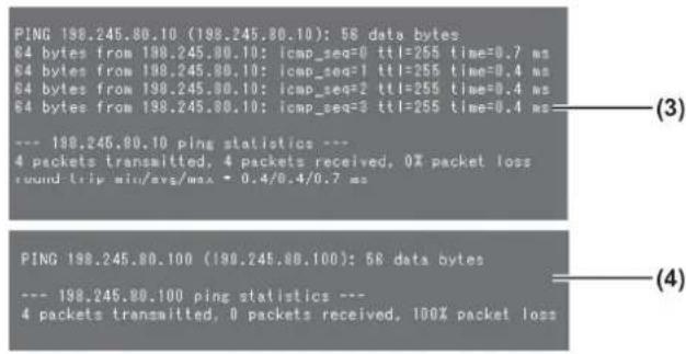 PING 198.245.80.10 (198.245.80.10): 56 data bytes 84 bytes from 198.245.80.10: icmp_seq=0 ttl=255 time=0.7 ms 64 bytes from 198.245.80.10: icmp_seq=1 ttl=255 time=0.4 ms 64 bytes from 198.245.80.10: icmp_seq=2 ttl=255 time=0.4 ms 64 bytes from 198.245.80.10: icmp_seq=3 ttl=255 time=0.4 ms --- 198.245.80.10 ping statistics --- 4 packets transmitted, 4 packets received, 0% packet loss round trip min/avg/max = 0.4/0.4/0.7 ms PING 198.245.80.100 (198.245.80.100): 56 data bytes --- 198.245.80.100 ping statistics --- 4 packets transmitted, 0 packets received, 100% packet loss