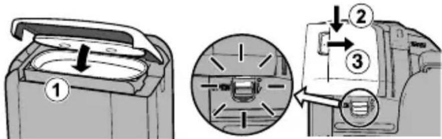 Diagram illustrating a device's internal components with numbered callouts and directional arrows indicating assembly or operation.