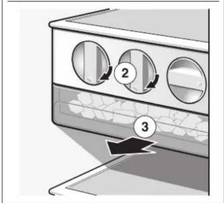 Diagram showing a refrigerator with labeled parts and an arrow pointing to a storage tray, indicating a process or operation.