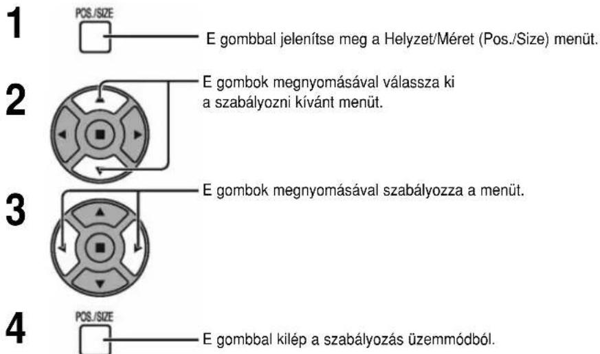 1 POS./SIZE E gombbal jelenítse meg a Helyzet/Méret (Pos./Size) menüt. 2 E gombok megnyomásával válassza ki a szabályozni kívánt menüt. 3 E gombok megnyomásával szabályozza a menüt. 4 POS./SIZE E gombbal kilép a szabályozás üzemmódból.