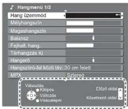 Hangmenü 1/2 Hang üzemmód Mélyhangszín Magashangszín Balansz Fejhall. hang. Térhangzás Ki Hangerő Hangszóró-fal közti táv. 30 cm feleti MPX Szteró Válaszlás Kilépés Változás Visszalépni Előző oldal Következő oldal