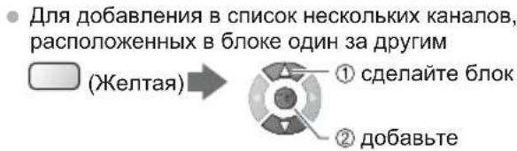 • Для добавления в список нескольких каналов, расположенных в блоке один за другим (Желтая) → ① сделайте блок ② добавьте