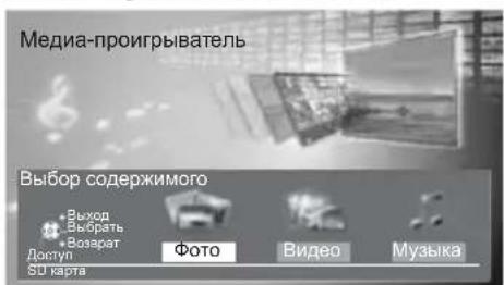 Медиа-проигрыватель Выбор содержимого Выход Выбрать Возврат Доступ 30 кварте Фото Видео Музыка