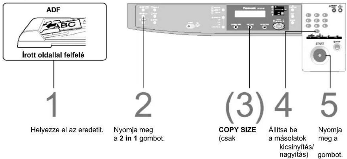 ADF Írott oldallal felfelé 1 Helyezze el az eredetit. 2 Nyomja meg a 2 in 1 gombot. (3) COPY SIZE (csak 4 Állítsa be a másolatok kicsinyítés/ nagyítás) 5 Nyomja meg a gombot.