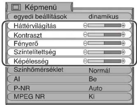 Képmenü egyedi beállítások dinamikus Háttérvilágítás Kontraszt Fényerő Színtelítettség Képélesség Színhőmérséklet Normál AI Be P-NR Auto MPEG NR Ki