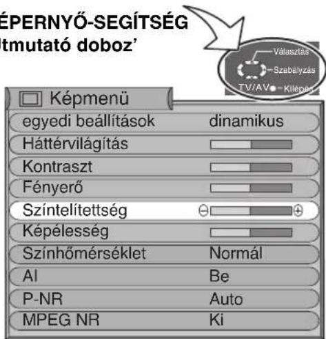 ÉPERNYŐ-SEGÍTSÉG tmutató doboz' Képmenű egyedi beállítások dinamikus Háttérvilágítás Kontraszt Fényerő Színtelítettség Képélesség Színhőmérséklet Normál Al Be P-NR Auto MPEG NR Ki