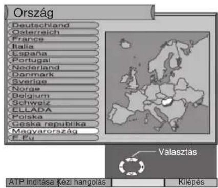 Ország Deutschland Österreich France Italia España Portugal Nederland Denmark Sverige Norge Belgium Schweiz ELLADA Polska Česká republika Magyarország E. Fú Választás ATP Inditása Kézi hangolás Kilépés
