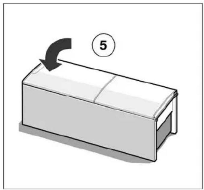 Egy téglalap alakú tartály diagramja, amelyen egy ívelt nyíl jelzi az irányt, és az 5-ös szám van feltüntetve (a diagramon nincs szöveg vagy szimbólum).