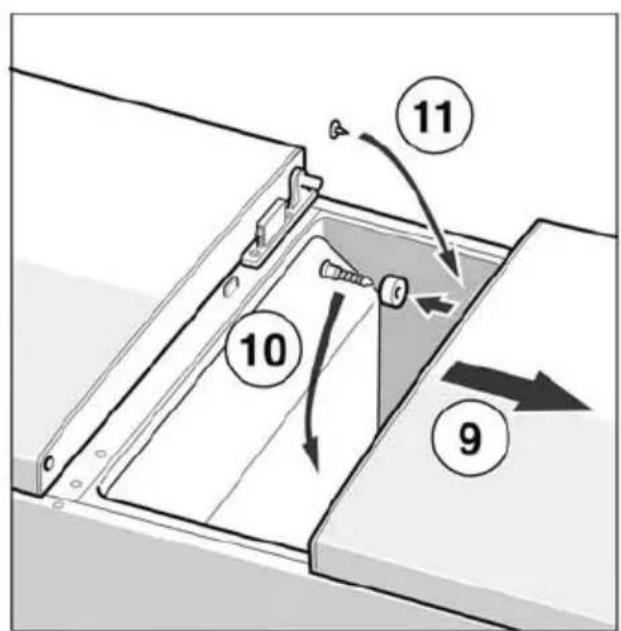 Egy mechanikus eszköz diagramja számozott alkatrészekkel és mozgást vagy összeszerelést jelző iránynyilakkal.