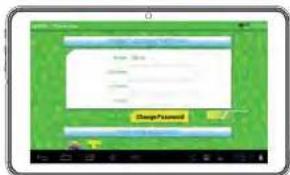 Screenshot of a mobile app interface with a green screen displaying a web form and a 'Change Password' button.