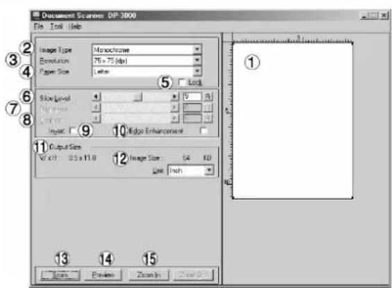 Document Scramers DIP 3000 File Tool Help Image Type Monochrome Resolution 76 x 75 (dpi) Paper Size Letter Lock Size/Point 9 Normal 1 OK 10 Input: Edge Enhancement Output Size W x H : 0.5 x 11.0 Image Size : 64 KB Line Inch 13 14 15 Scan Preview Scan In View Insert