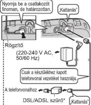 Nyomja be a csatlakozót finoman, de halározottan. „Kattanás“ Rögzítő (220-240 V AC, 50/60 Hz) Csak a készülékhez kapott telefonvonal vezetéket használja. A telefonvonalhoz DSL/ADSL szűrő* „Kattanás“