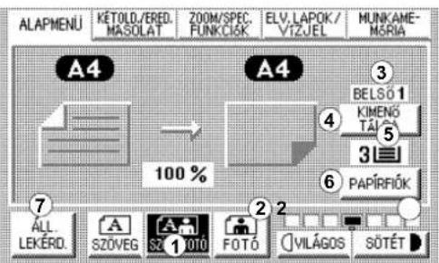 ALAPMENU KÉTOLD/ERED. ZOOM/SPEC. ELV.LAPOK/ MUNKAME- MASOLAT FUNKCISK VIZJEL MÓRIA A4 A4 3 BELSO 1 4 KIMENŐ TAI 5 3 6 PAPÍRÍK 100 % 7 ALL. LEKÉRD. SZÖVEG SZ 1 FOTO FOTO VILÁGOS SÓTÉT