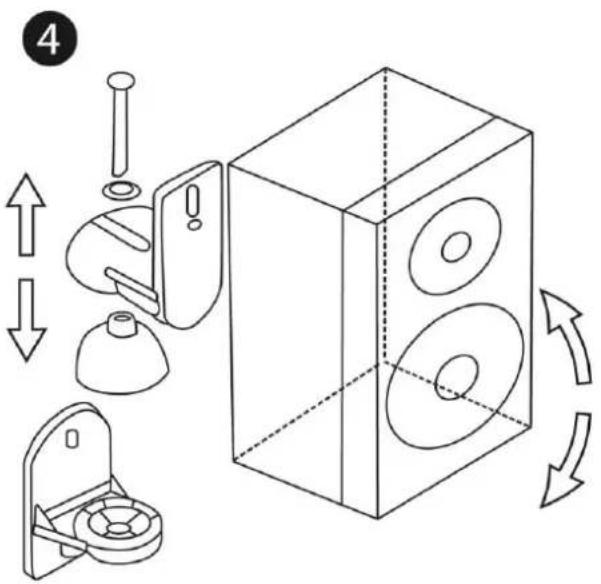 Technical diagram showing assembly steps of a speaker with labeled components and directional arrows indicating motion.
