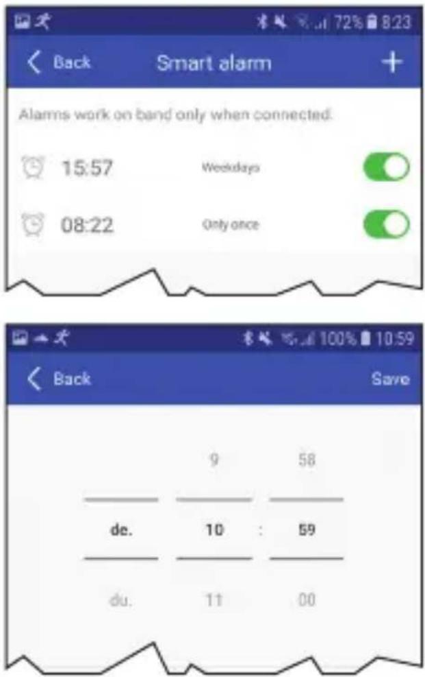 Back Smart alarm + Alarms work on band only when connected. 15:57 Weekdays 08:22 Only once Back Save 9 58 de. 10 : 59 du. 11 00