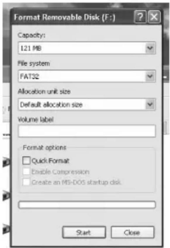Format Removable Disk (F:) Capacity: 121 MB File system FAT32 Allocation unit size Default allocation size Volume label Format options Quick Format Enable Compression Create an MS-DOS startup disk. Start Close