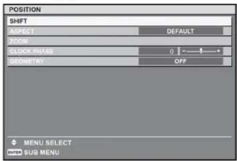 POSITION SHIFT ASPECT DEFAULT ZOOM CLOCK PHASE 0 1 2 3 4 5 GEOMETRY OFF MENU SELECT ENTER SUB MENU