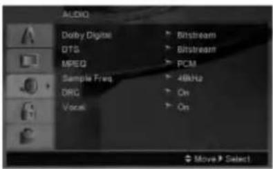 ALDO Dolby Digital DTS MPEG Sample Freq DRG Vocal Bitstream Bitstream PCM 48kHz On On Move Select