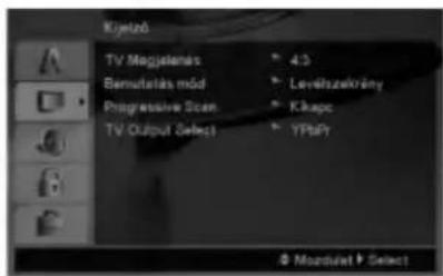 Kjelző TV Megjelenás 4.3 Bernutelás mód Levélszekrány Progressive Scan Kkápc TV Output Select YPsPv Mozdúlet Select