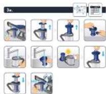 Screenshot of a software interface showing a sequence of cleaning and cleaning steps with icons for faucet, water dispenser, and kitchen.