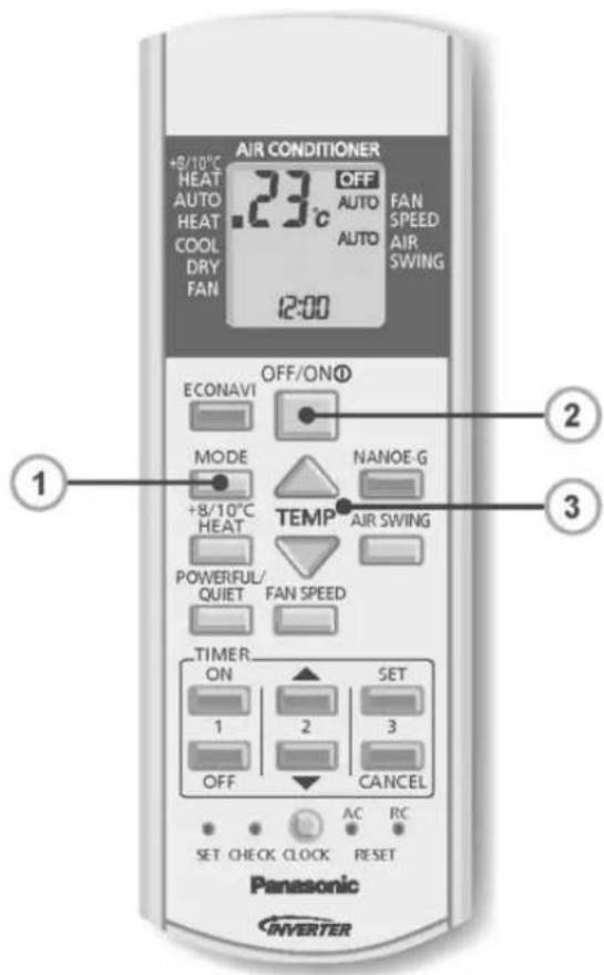 AIR CONDITIONER +8/10°C HEAT AUTO HEAT COOL DRY FAN 23°C OFF AUTO AUTO FAN SPEED AIR SWING 12:00 ECONAVI MODE +8/10°C HEAT POWERFUL/ QUIET OFF/ON® NANOE-G TEMP AIR SWING FAN SPEED TIMER ON 1 2 3 SET OFF CANCEL AC RC SET CHECK CLOCK RESET Panasonic ANVERTER