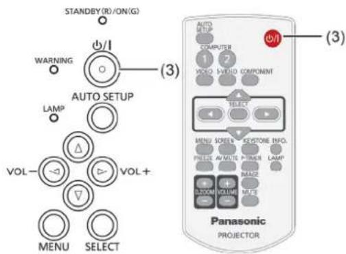 STANDBY (R)/ON(G) WARNING AUTO SETUP LAMP VOL- VOL+ MENU SELECT (3) AUTO SETUP COMPUTER 1 2 VIDEO SVERIO COMPONENT SELECT MENU SCREENS SECTORE INFO. PHILICE AMPLIUM LAMP MUSO + VOLUME MUTE Panasonic PROJECTOR (3)