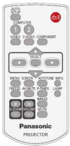 AUTO SETUP COMPUTER 1 2 VIDEO S-VIDEO COMPONENT SELECT MENU SCREEN KEYSTONE INFO. FREEZ AV MUTE P-TIMER LAMP IMAGE D ZOOM VOLUME MUTE Panasonic PROJECTOR