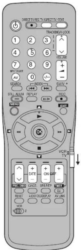 DIRECT TV REC TV ASPECT TV TEXT TRACKING-LOCK 1 2 3 4 5 6 VOLUME 7 8 9 + - INT SELECT AV 0 -/-- SEARCH INDEX SW/V + STILL ALBUM REPLAY REC MENU EXIT OK VCR TV DATE ON OFF FBS, DEX CAFE SPLEP Timer RESET AUDIO CSU/DEPLY AV LINK VCR 10 2