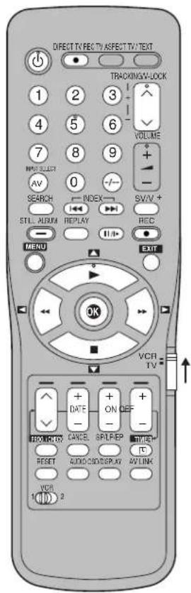 DIRECT TV FEC TV ASPECT TV TEXT TRACKING-V-LOCK 1 2 3 4 5 6 VOLUME 7 8 9 INPUT SELECT AV 0 -/- - SEARCH INDEX SV/V + STILL AIRUM REPLAY REC MENU EXIT OK VCH TV + DATE ON QEF + - FRO-LIME CANCE APLR/EP QUBP RESET AUDIO-CLOSEPLAY AVLINK VCH 1 (1) 2