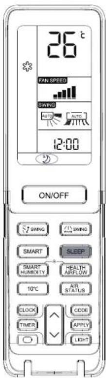 26°C FAN SPEED SWING AUTO AUTO 12:00 ON/OFF SWING SWING SMART SLEEP SMART HUMIDITY HEALTH AIRFLOW 10°C AIR STATUS CLOCK CODE TIMER APPLY LIGHT