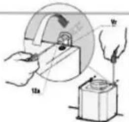 Technical diagram showing hands operating a mechanical component with labeled parts and directional arrows